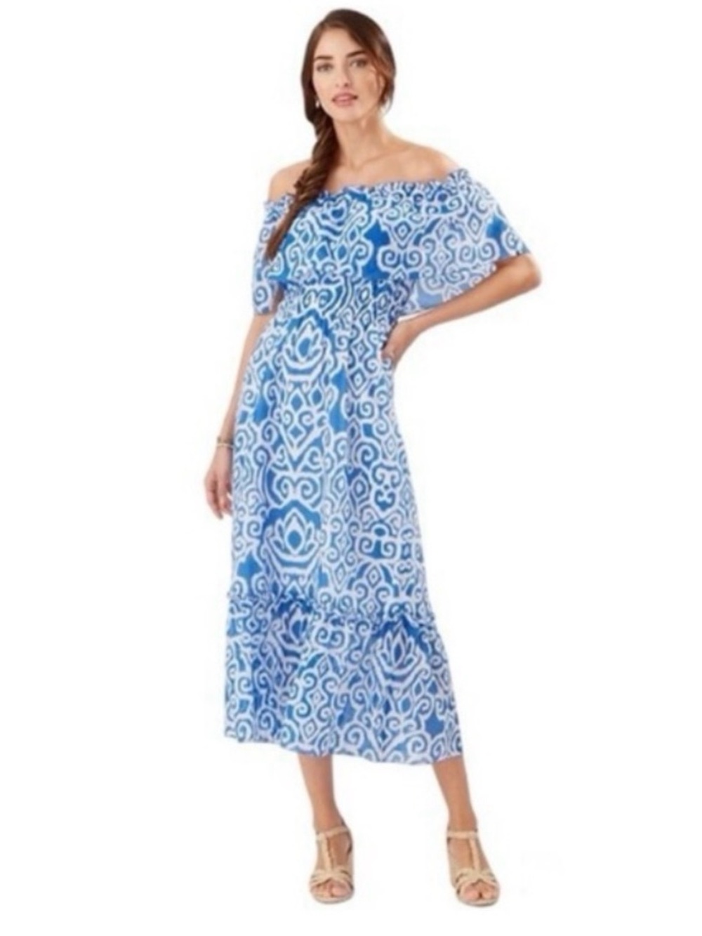 TOMMY BAHAMA Calypso Off The Shoulder Silk and Cotton Midi Dress